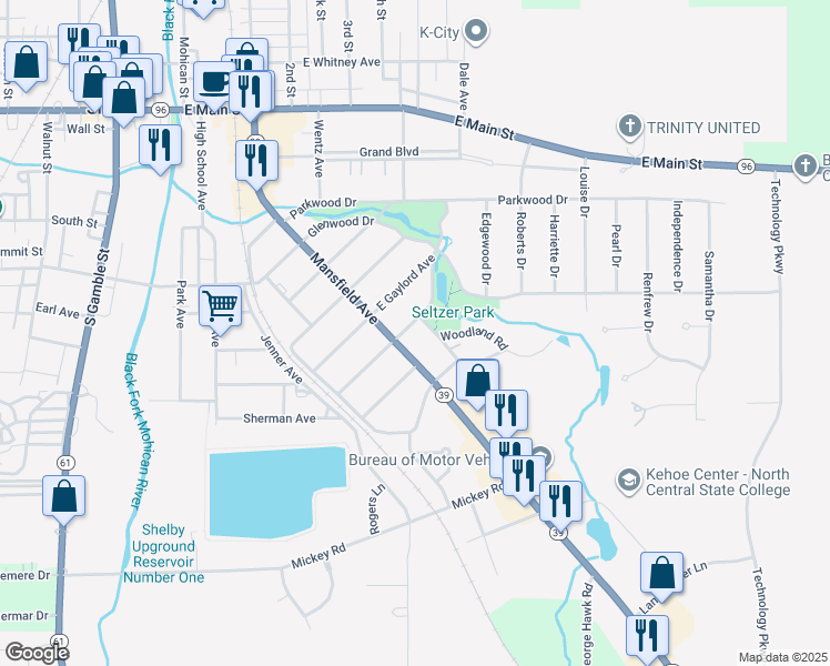 map of restaurants, bars, coffee shops, grocery stores, and more near 10 East Maxwell Drive in Shelby