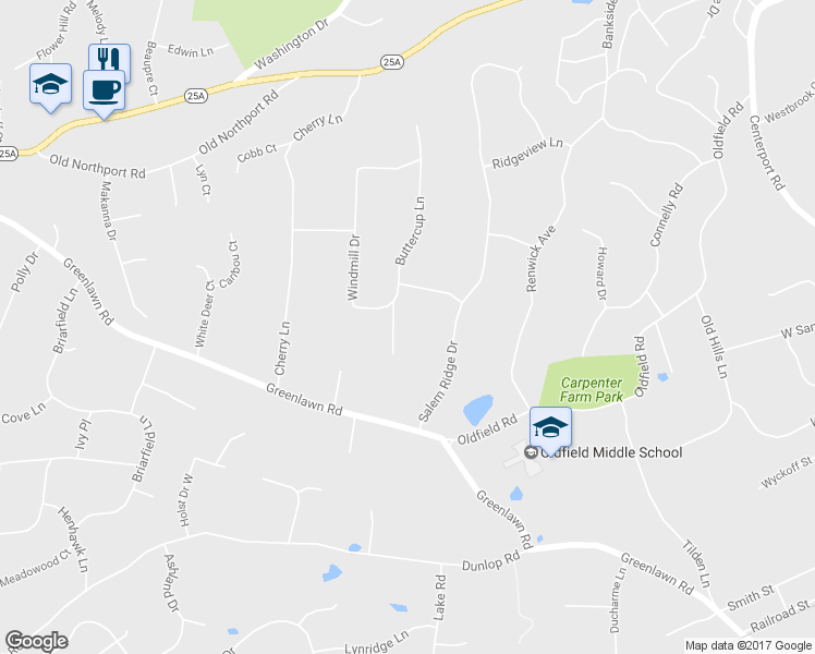 map of restaurants, bars, coffee shops, grocery stores, and more near 102 Buttercup Lane in Huntington