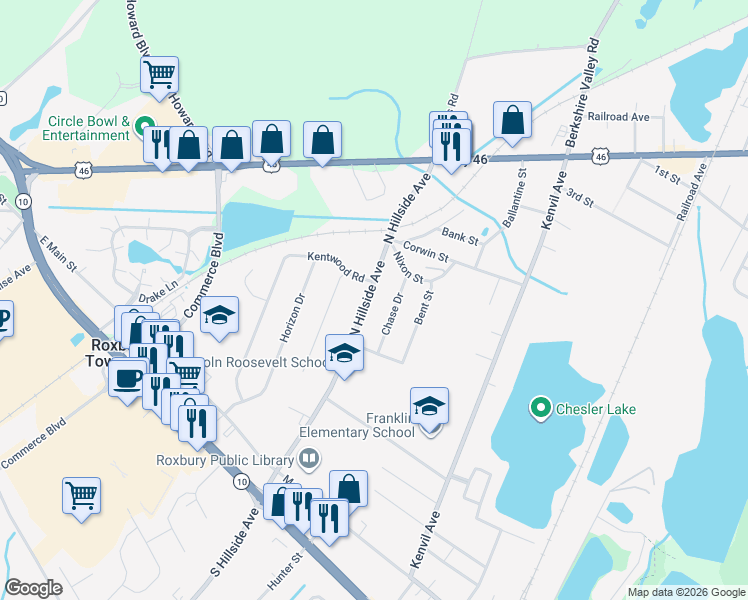 map of restaurants, bars, coffee shops, grocery stores, and more near 60 North Hillside Avenue in Roxbury Township