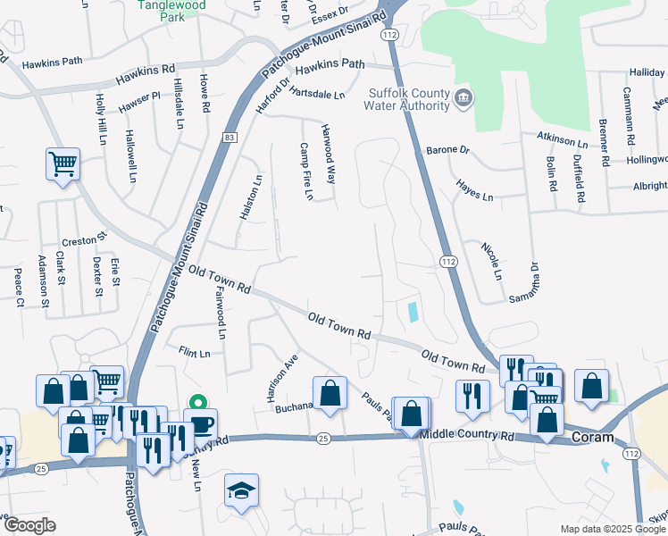 map of restaurants, bars, coffee shops, grocery stores, and more near 608 Grimsby Place in Coram
