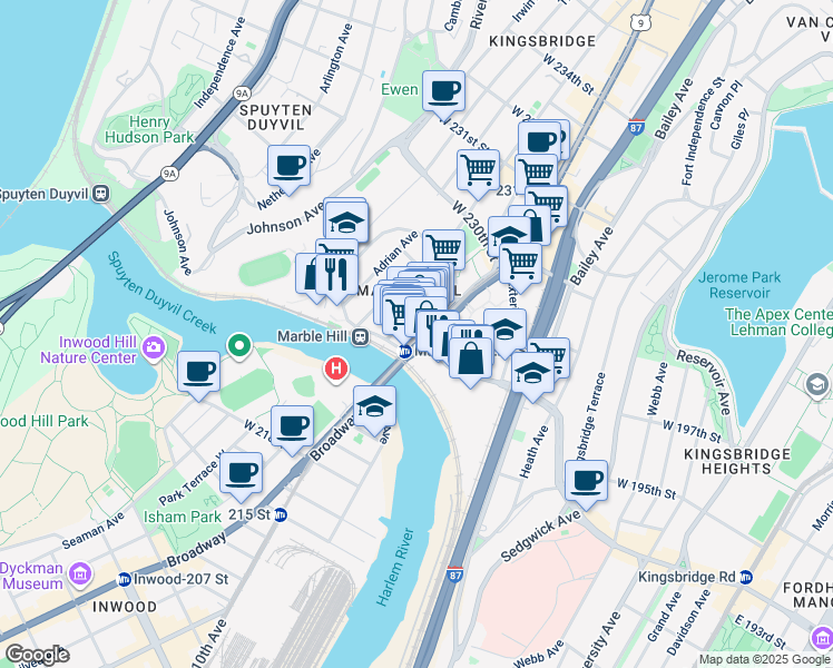 map of restaurants, bars, coffee shops, grocery stores, and more near 5215 U.S. 9 in New York