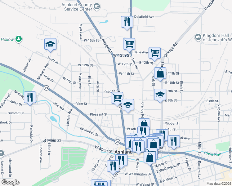map of restaurants, bars, coffee shops, grocery stores, and more near 808 Cottage Street in Ashland