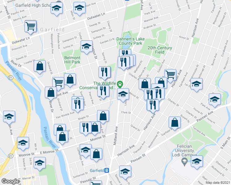 map of restaurants, bars, coffee shops, grocery stores, and more near 325 Midland Avenue in Garfield