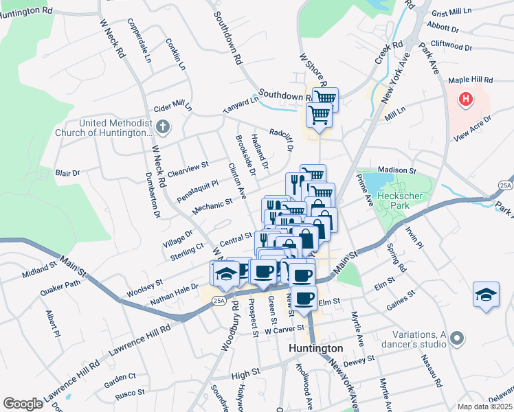 map of restaurants, bars, coffee shops, grocery stores, and more near 11 Edgar Court in Huntington