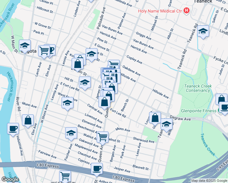 map of restaurants, bars, coffee shops, grocery stores, and more near 335 Queen Anne Road in Teaneck