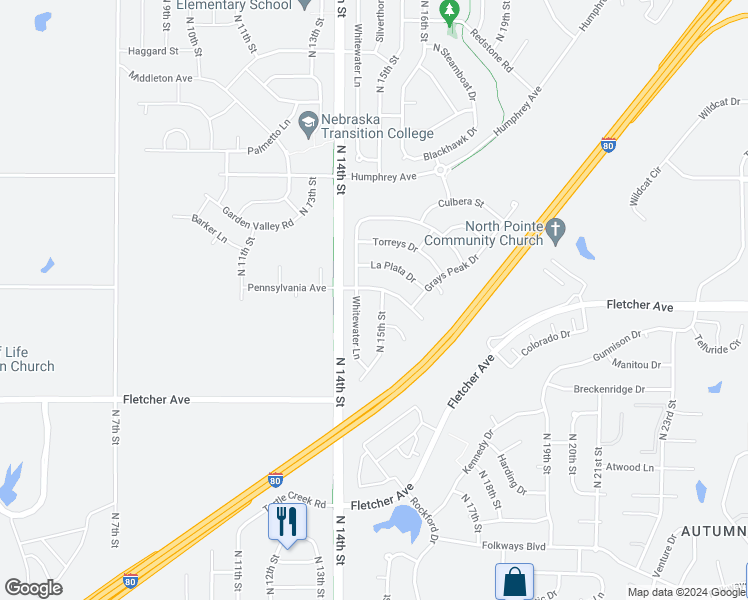 map of restaurants, bars, coffee shops, grocery stores, and more near 6321 North 15th Street in Lincoln