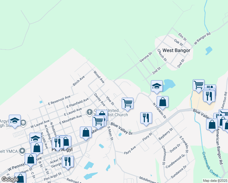 map of restaurants, bars, coffee shops, grocery stores, and more near 414 East Mountain Avenue in Pen Argyl