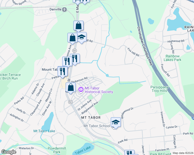 map of restaurants, bars, coffee shops, grocery stores, and more near 5 Dickerson Road in Morris Plains