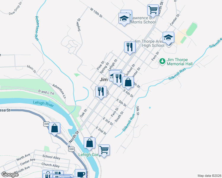 map of restaurants, bars, coffee shops, grocery stores, and more near 25 West 6th Street in Jim Thorpe