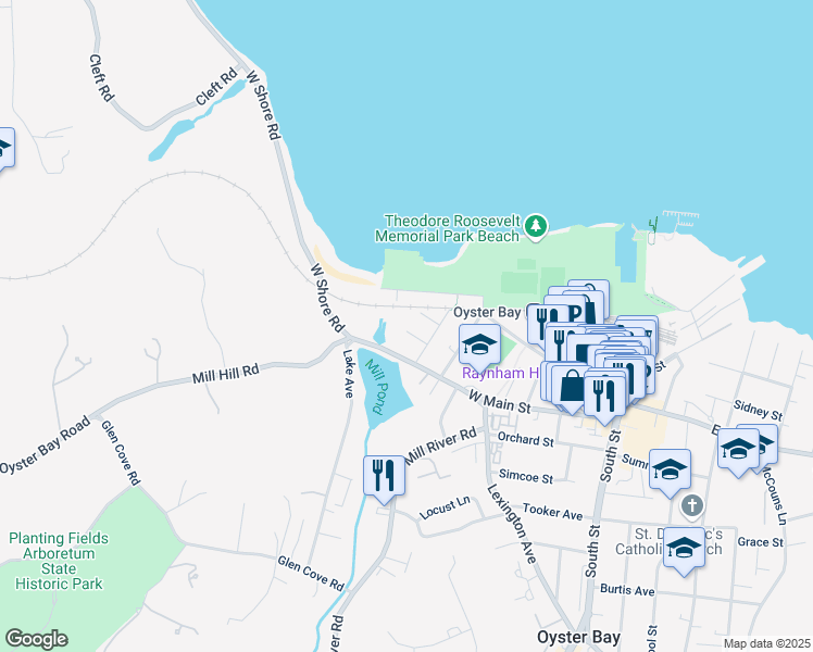 map of restaurants, bars, coffee shops, grocery stores, and more near 28 Willow Place in Oyster Bay