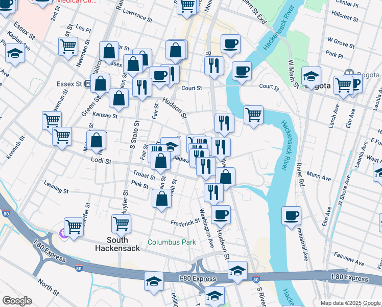 map of restaurants, bars, coffee shops, grocery stores, and more near 123 Hudson Street in Hackensack