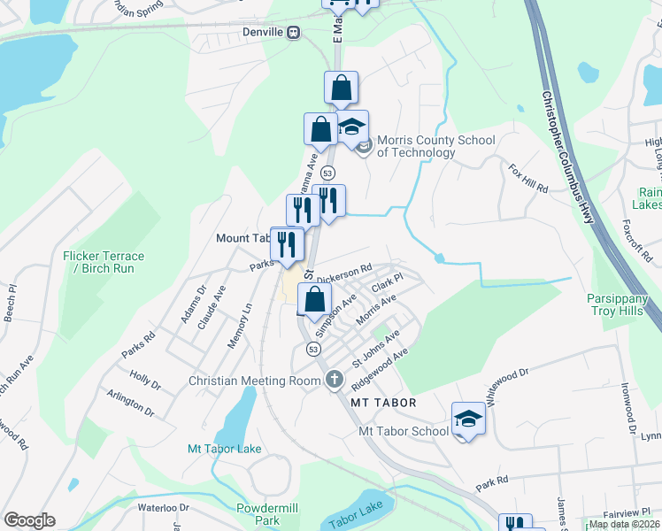 map of restaurants, bars, coffee shops, grocery stores, and more near 24 Front Street in Denville