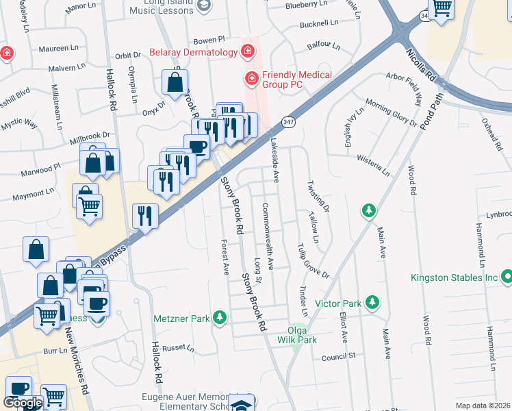 map of restaurants, bars, coffee shops, grocery stores, and more near 33 Long Street in Lake Grove