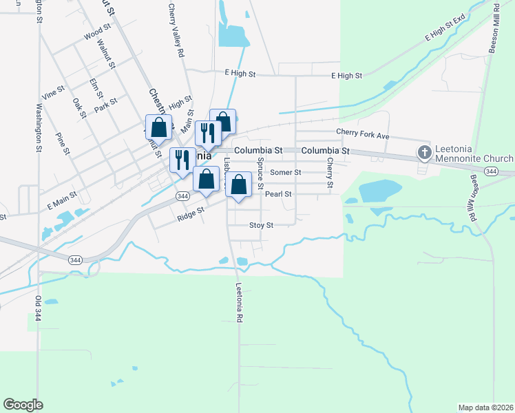 map of restaurants, bars, coffee shops, grocery stores, and more near 375 Waddell Street in Leetonia
