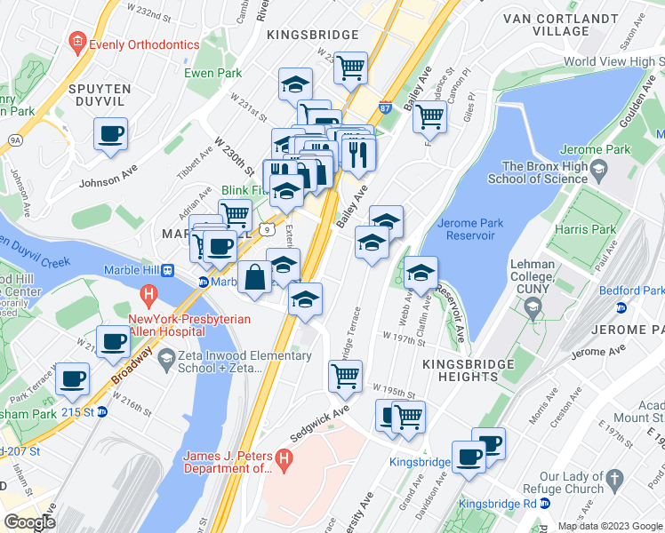 map of restaurants, bars, coffee shops, grocery stores, and more near 2881 Heath Avenue in Bronx