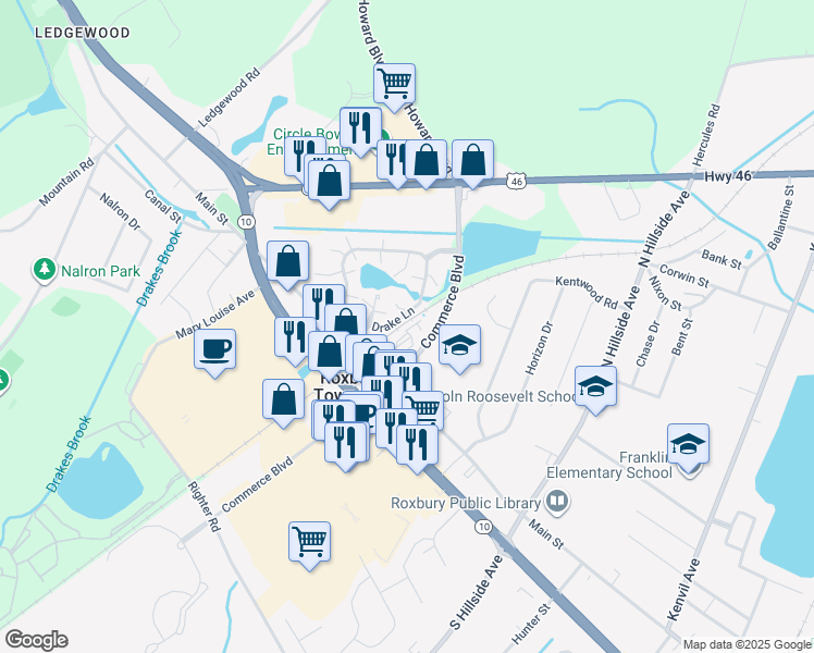 map of restaurants, bars, coffee shops, grocery stores, and more near 153 Main Street in Roxbury Township