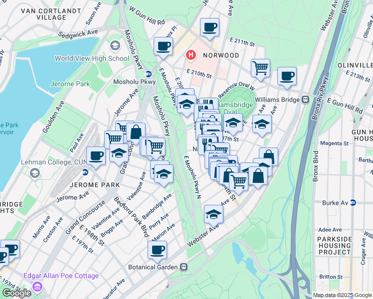 map of restaurants, bars, coffee shops, grocery stores, and more near 193 East Mosholu Parkway North in Bronx