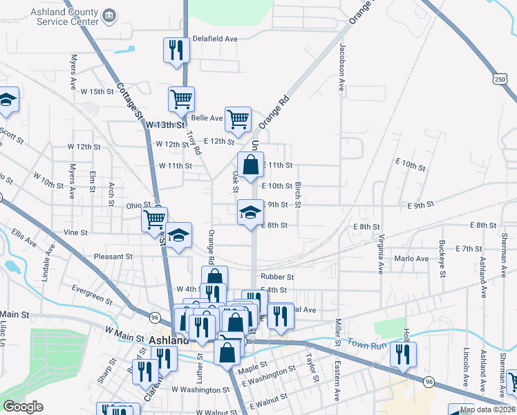 map of restaurants, bars, coffee shops, grocery stores, and more near 825 Union Street in Ashland