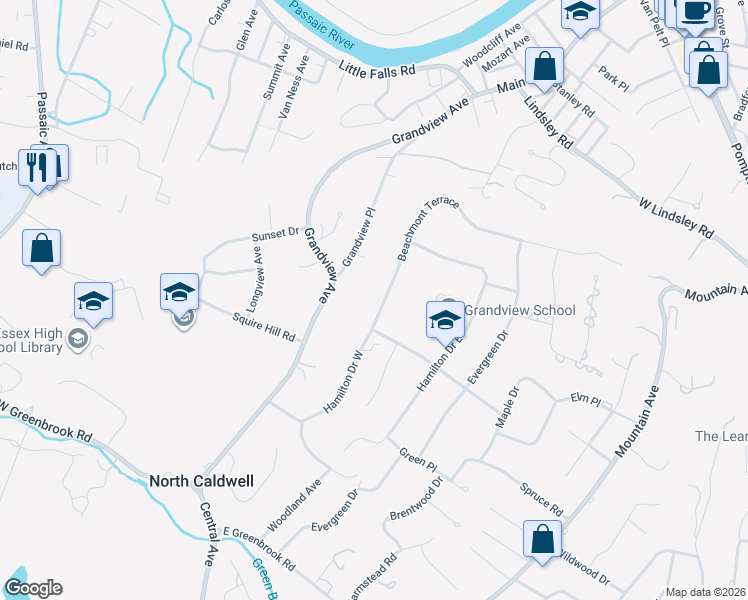 map of restaurants, bars, coffee shops, grocery stores, and more near 69 Beachmont Terrace in Caldwell