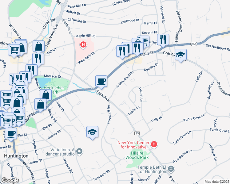 map of restaurants, bars, coffee shops, grocery stores, and more near 4 Glendon Court in Huntington