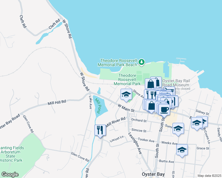 map of restaurants, bars, coffee shops, grocery stores, and more near 28 Willow Place in Oyster Bay