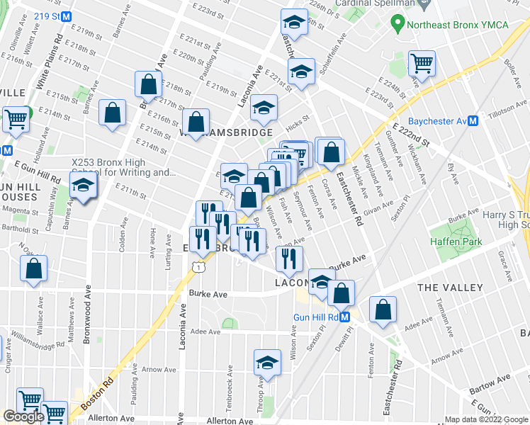 map of restaurants, bars, coffee shops, grocery stores, and more near 3384 Boston Road in Bronx
