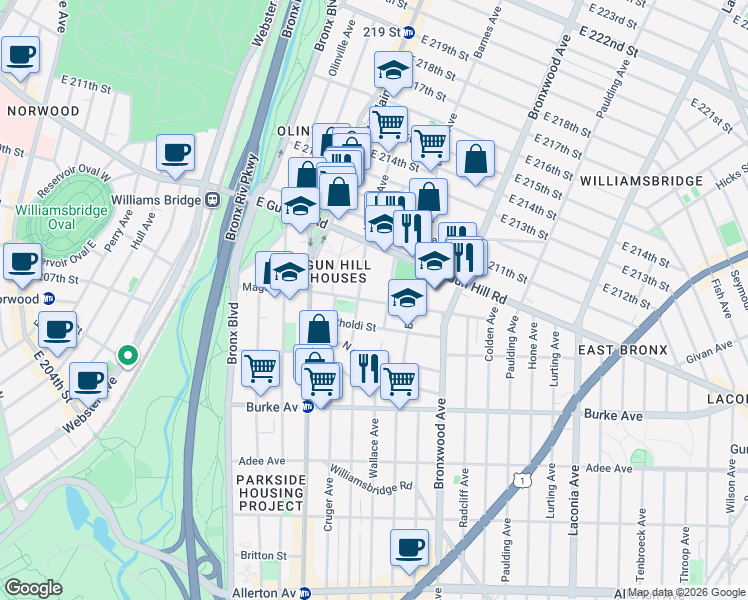 map of restaurants, bars, coffee shops, grocery stores, and more near 758 Magenta Street in Bronx