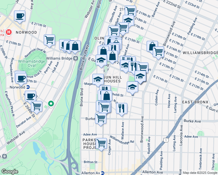 map of restaurants, bars, coffee shops, grocery stores, and more near 3365 Cruger Avenue in Bronx