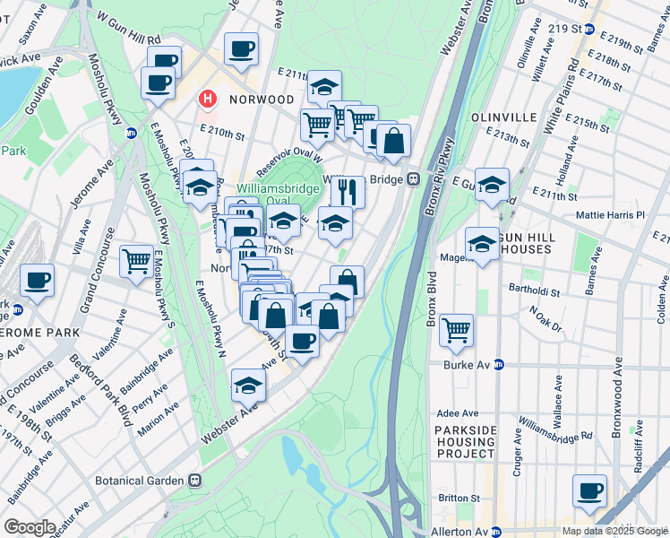 map of restaurants, bars, coffee shops, grocery stores, and more near 350 East 207th Street in Bronx