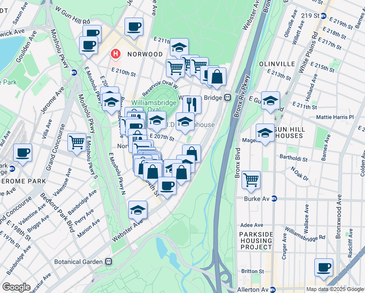 map of restaurants, bars, coffee shops, grocery stores, and more near 350 East 207th Street in Bronx