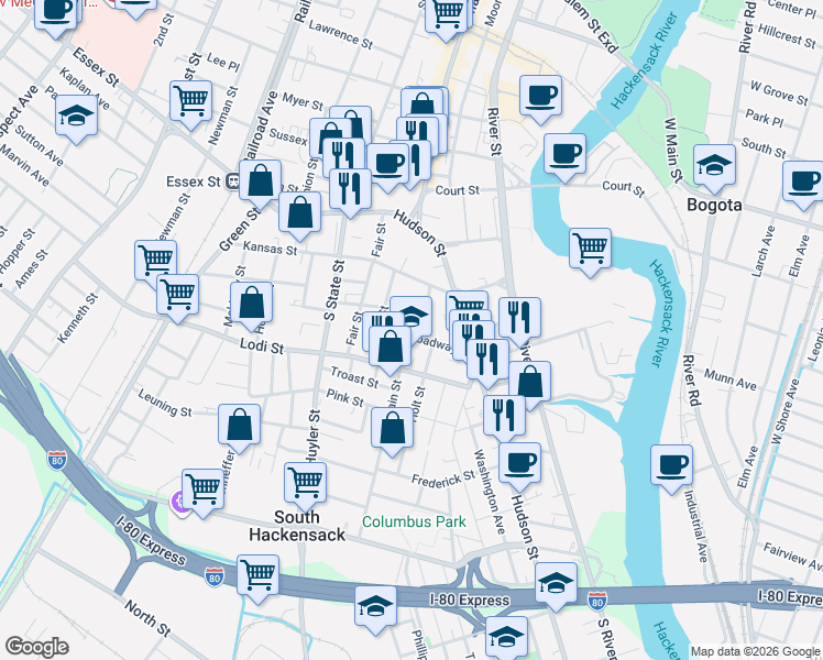 map of restaurants, bars, coffee shops, grocery stores, and more near 89 New Street in Hackensack