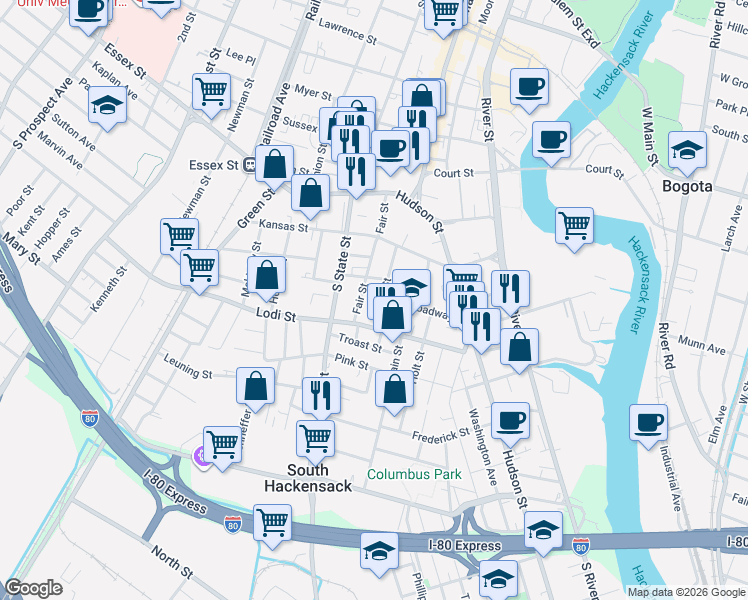 map of restaurants, bars, coffee shops, grocery stores, and more near 76 Broadway in Hackensack