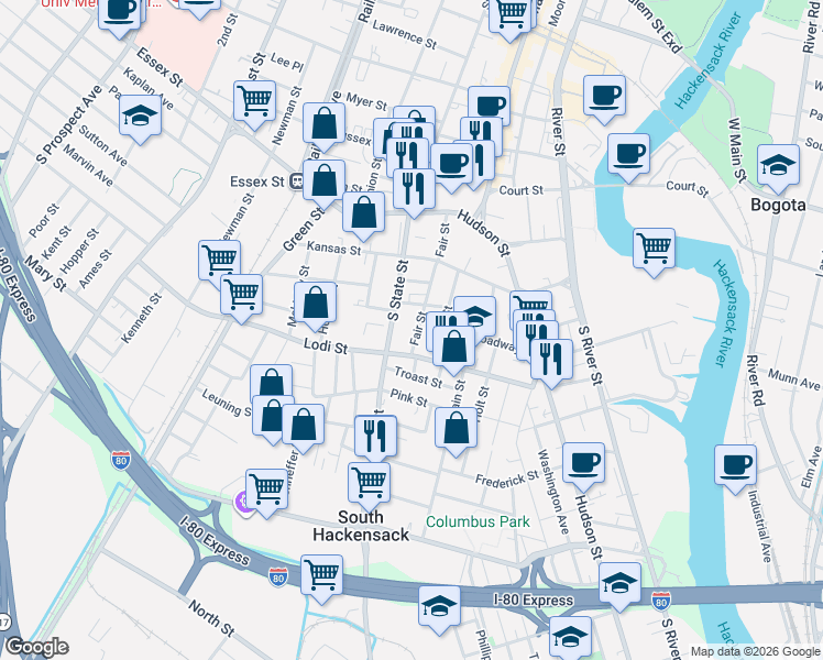map of restaurants, bars, coffee shops, grocery stores, and more near 99 Fair Street in Hackensack