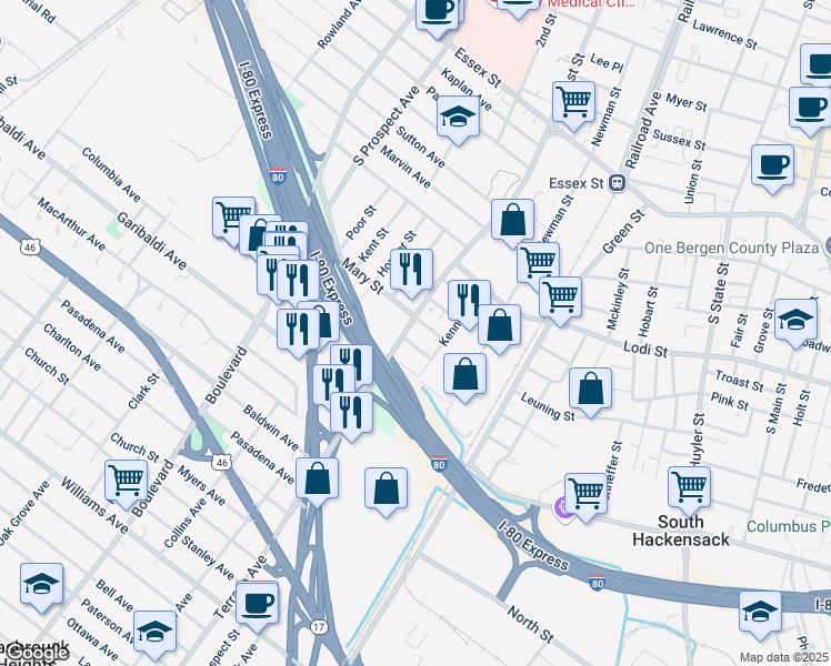 map of restaurants, bars, coffee shops, grocery stores, and more near 222 Elleen Terrace in Hackensack