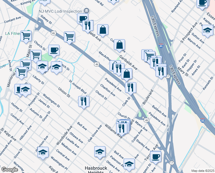 map of restaurants, bars, coffee shops, grocery stores, and more near 143 Charlton Avenue in Lodi
