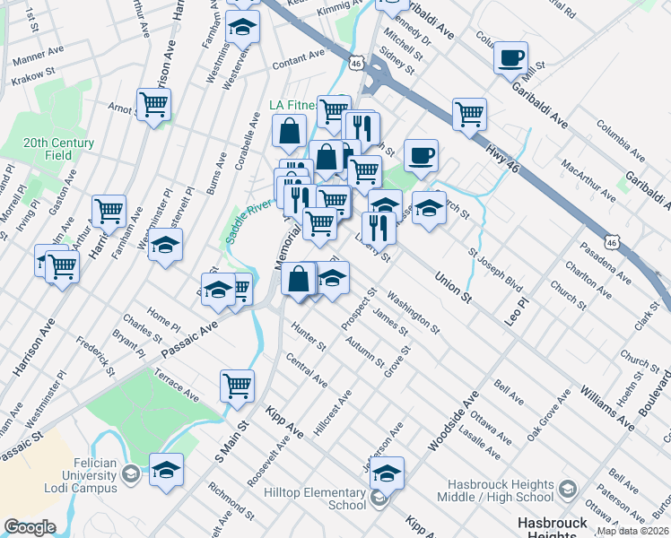 map of restaurants, bars, coffee shops, grocery stores, and more near 35 East Place in Lodi