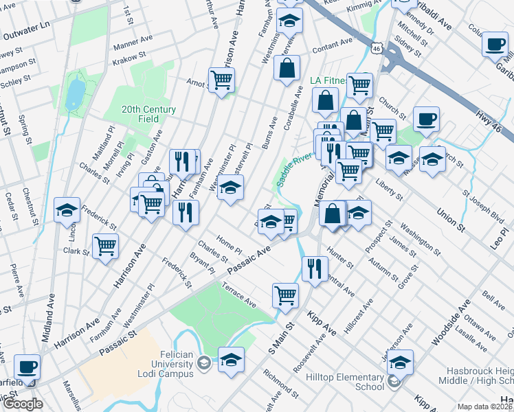 map of restaurants, bars, coffee shops, grocery stores, and more near 45 River Street in Lodi