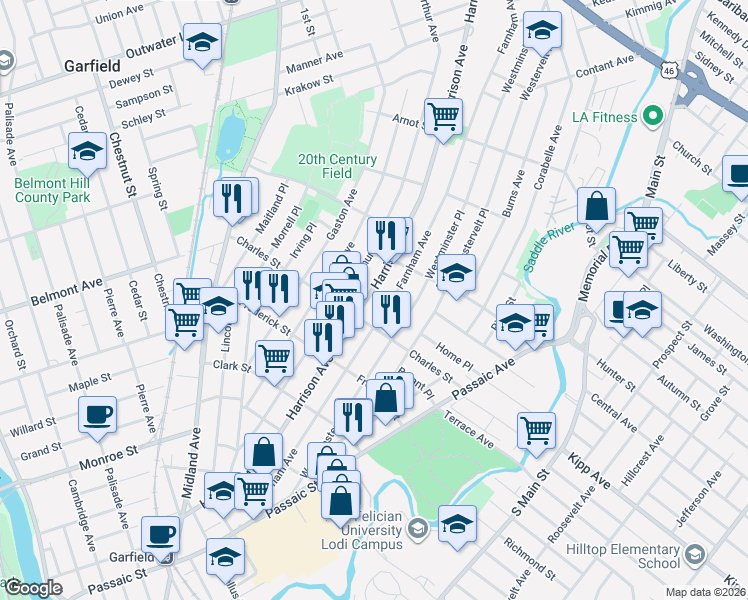 map of restaurants, bars, coffee shops, grocery stores, and more near 263 Harrison Avenue in Garfield