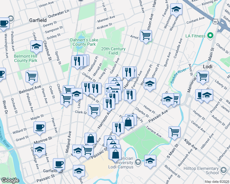 map of restaurants, bars, coffee shops, grocery stores, and more near 134 Charles Street in Garfield