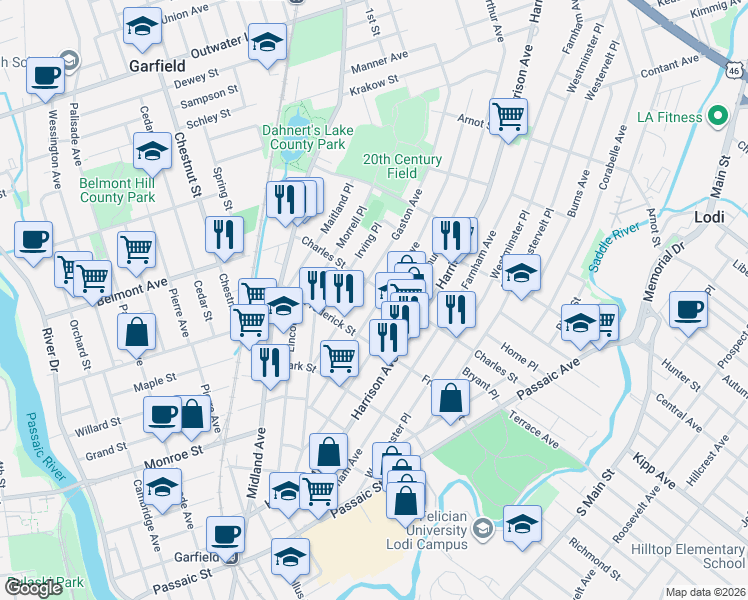 map of restaurants, bars, coffee shops, grocery stores, and more near 78 Gaston Avenue in Garfield