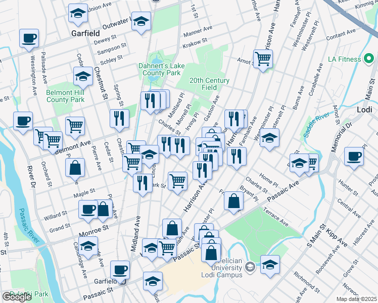 map of restaurants, bars, coffee shops, grocery stores, and more near 78 Gaston Avenue in Garfield