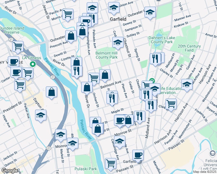 map of restaurants, bars, coffee shops, grocery stores, and more near 62 Belmont Avenue in Garfield