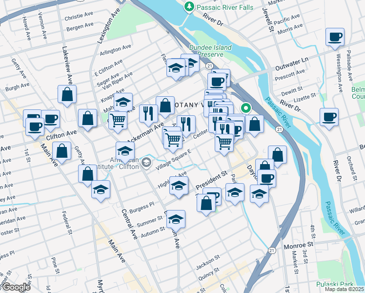 map of restaurants, bars, coffee shops, grocery stores, and more near 75 Center Street in Clifton