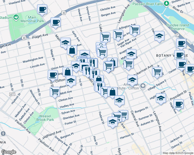 map of restaurants, bars, coffee shops, grocery stores, and more near 16 Madison Avenue in Clifton