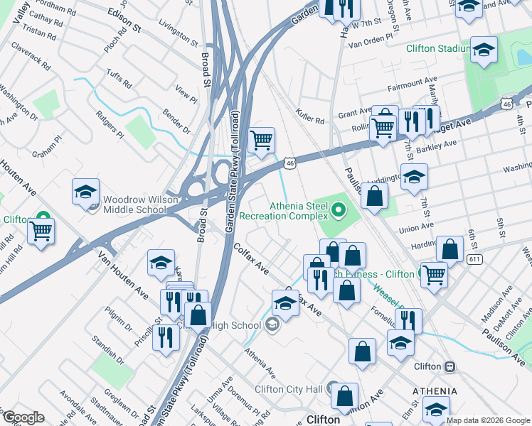 map of restaurants, bars, coffee shops, grocery stores, and more near 5203 Burwood Road in Clifton