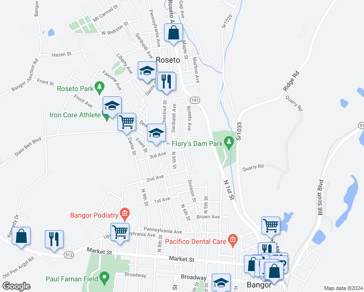 map of restaurants, bars, coffee shops, grocery stores, and more near 584 McKinley Street in Bangor