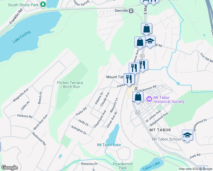 map of restaurants, bars, coffee shops, grocery stores, and more near 32 Parks Road in Denville