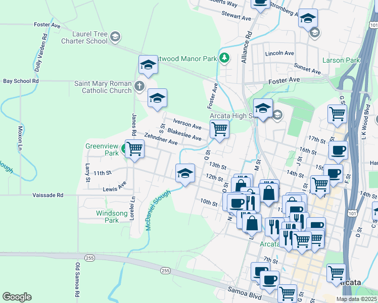 map of restaurants, bars, coffee shops, grocery stores, and more near 1761 Zehndner Avenue in Arcata