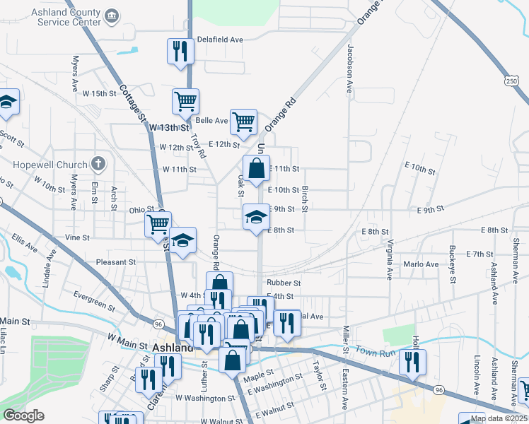 map of restaurants, bars, coffee shops, grocery stores, and more near 825 Union Street in Ashland