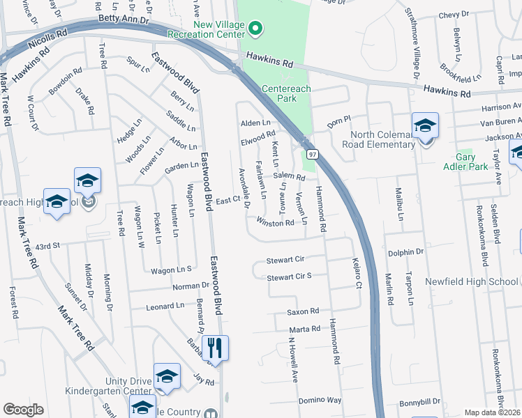 map of restaurants, bars, coffee shops, grocery stores, and more near 9 Fairlawn Lane in Centereach